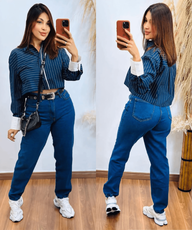 Camisa Cropped Social Listrada Azul