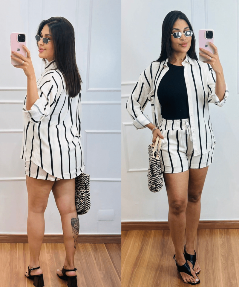 Conjunto Listrado Camisa e Short – Tecido Leve