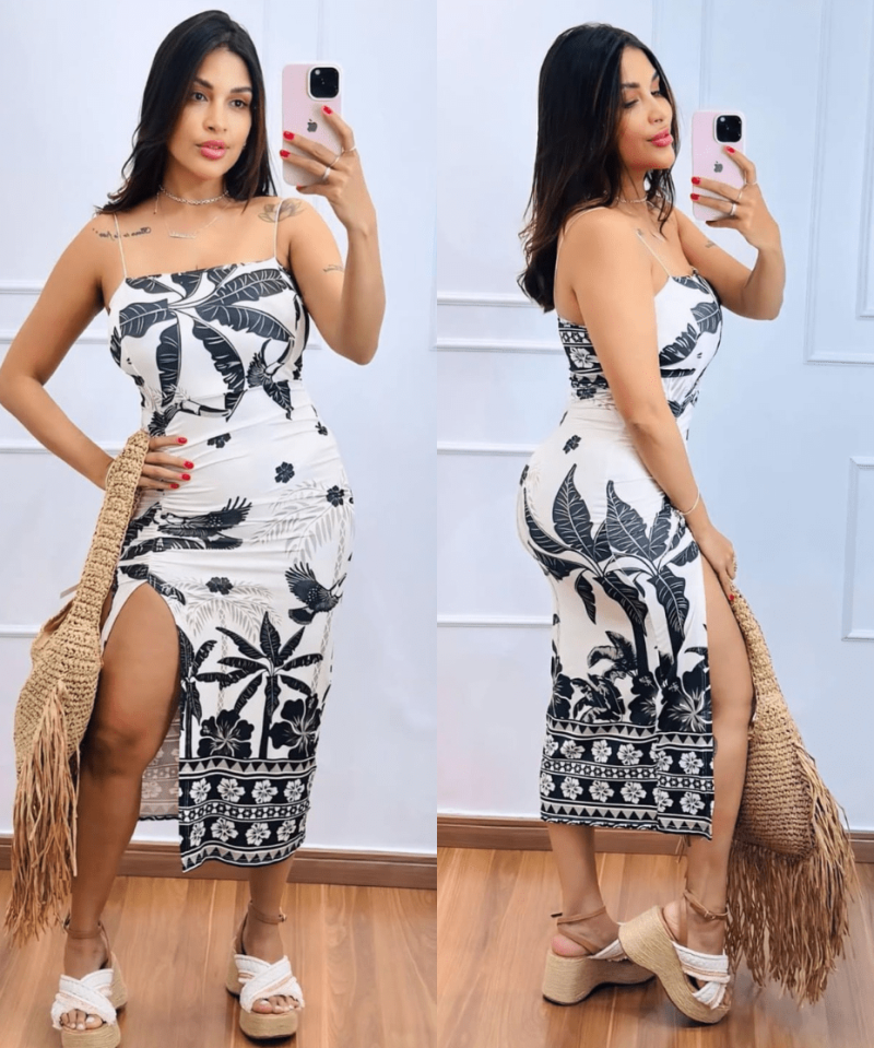 Vestido Midi Fenda Tropical Preto e Branco