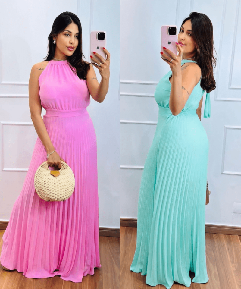 Vestido Longo Plissado com Amarração no Pescoço