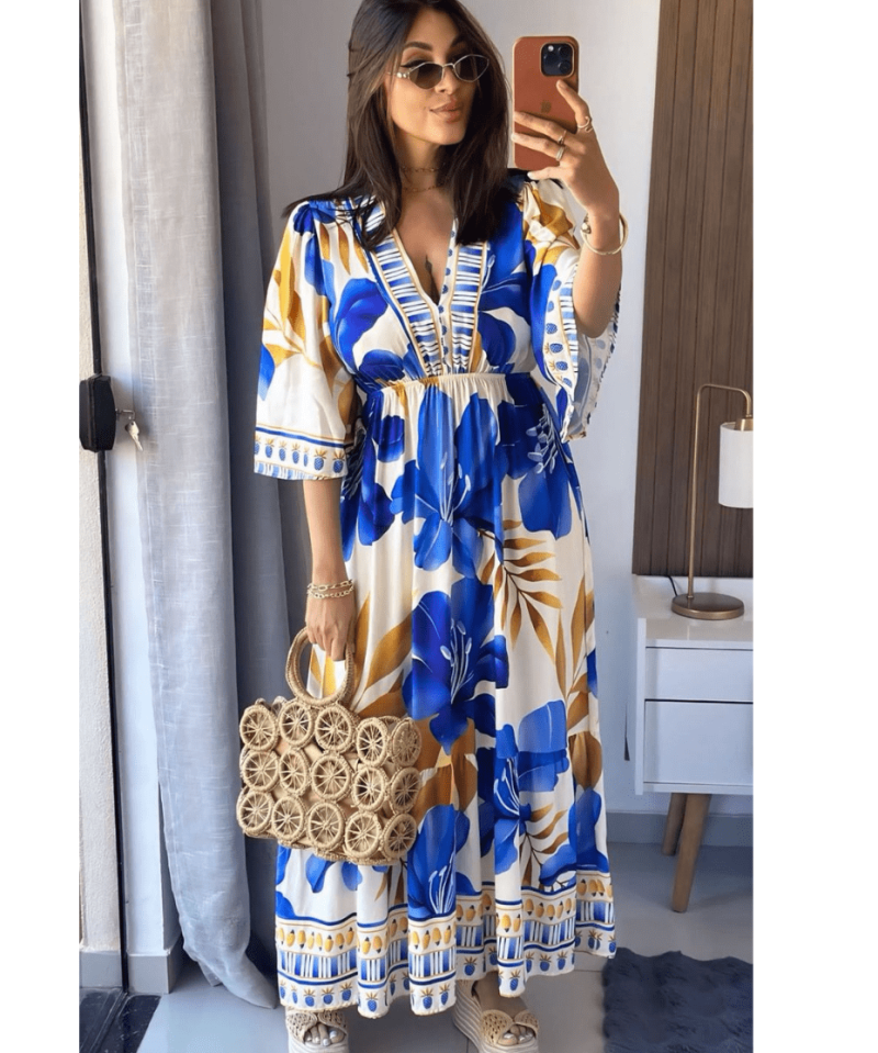 Vestido Longo Floral Azul com Manga 3/4
