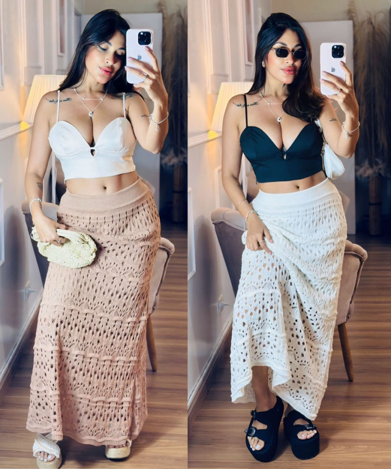 Saia Longa Crochê Bordada com Cintura Alta