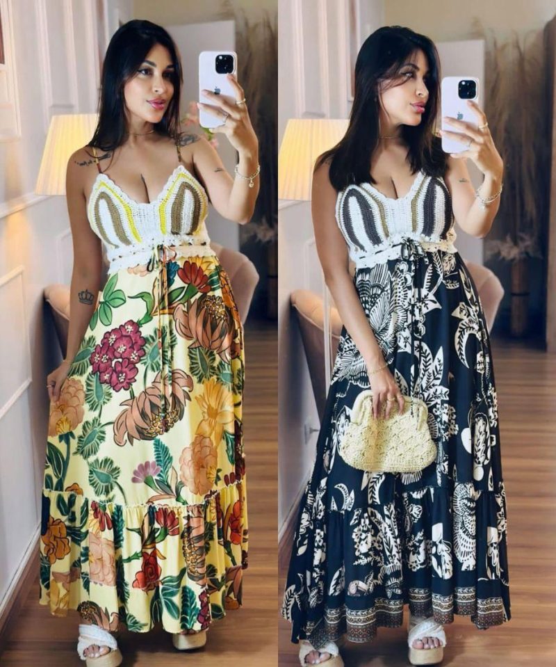 Vestido Longo Alça Crochê Estampado