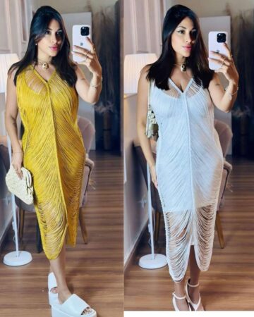 vestido longo franjas Vestido Midi com Franjas Alongadas