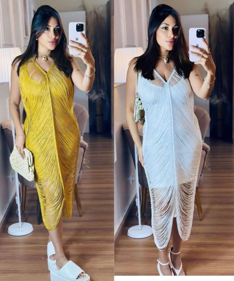 Vestido Midi com Franjas Alongadas – Glamour e Movimento