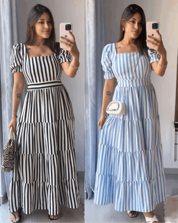 Vestido longo listrado feminino em tons azul e branco