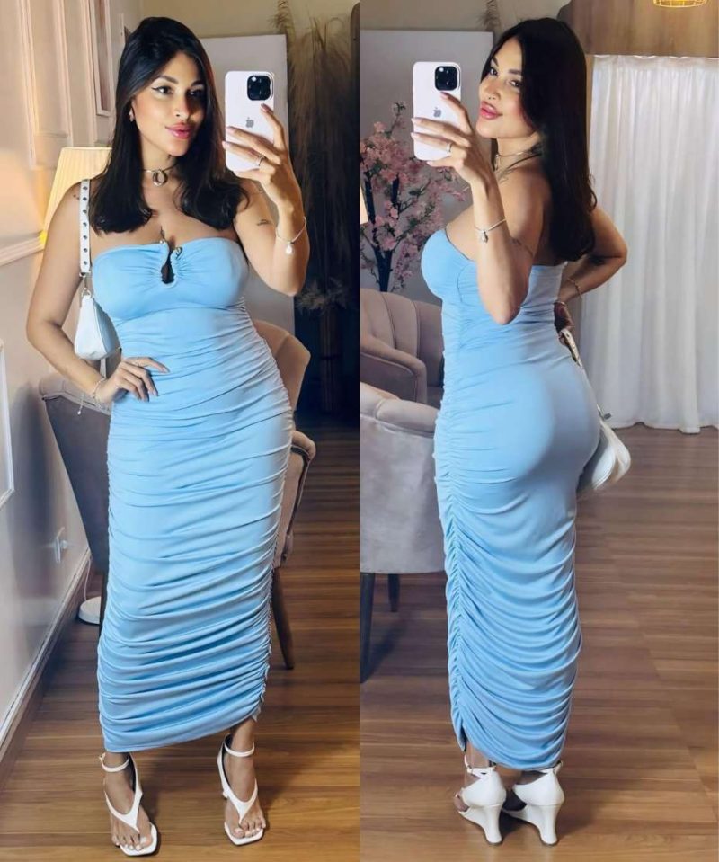 Vestido Tomara Que Caia Justo Midi com Franzido – Azul Serenity