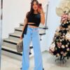 Calça Jeans Pantalona com Fenda na Barra