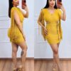 Vestido Curto Tricot com Franjas e Recorte