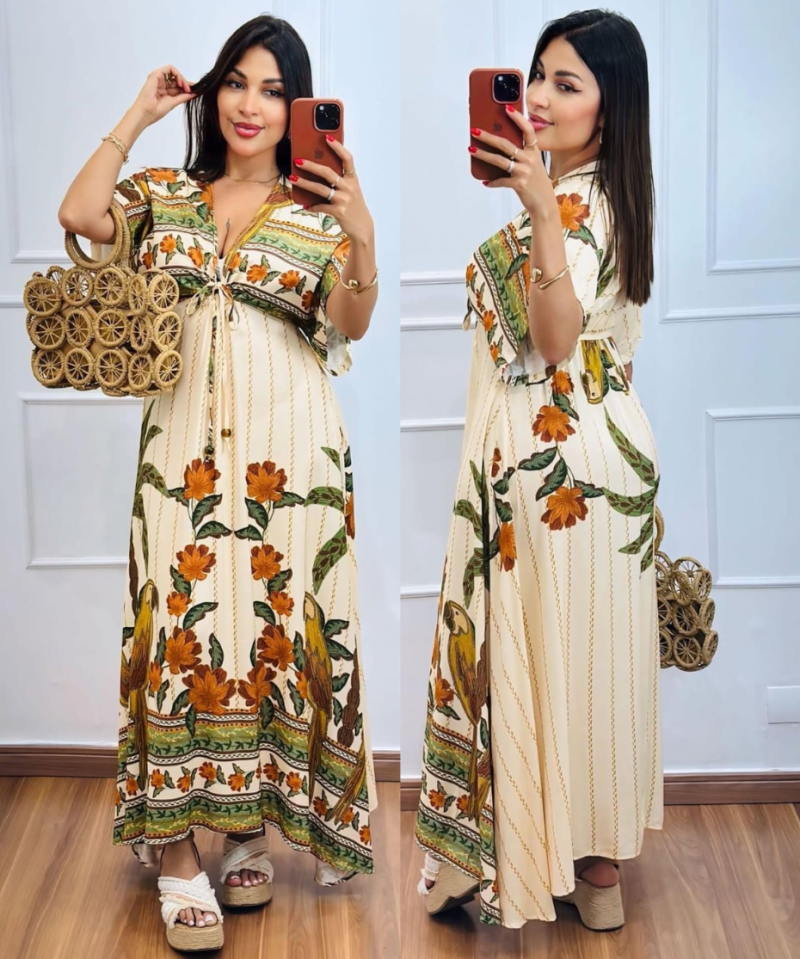 Vestido Longo Estampado Tropical com Amarração – Veste do 36 ao 44