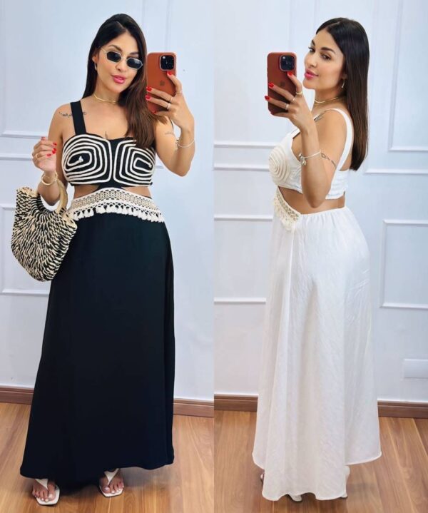 vestido longo com alça Vestido Longo Crochê Detalhado