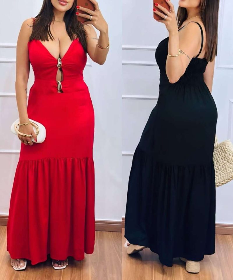 Vestido Longo de Alça com Detalhes Elegantes