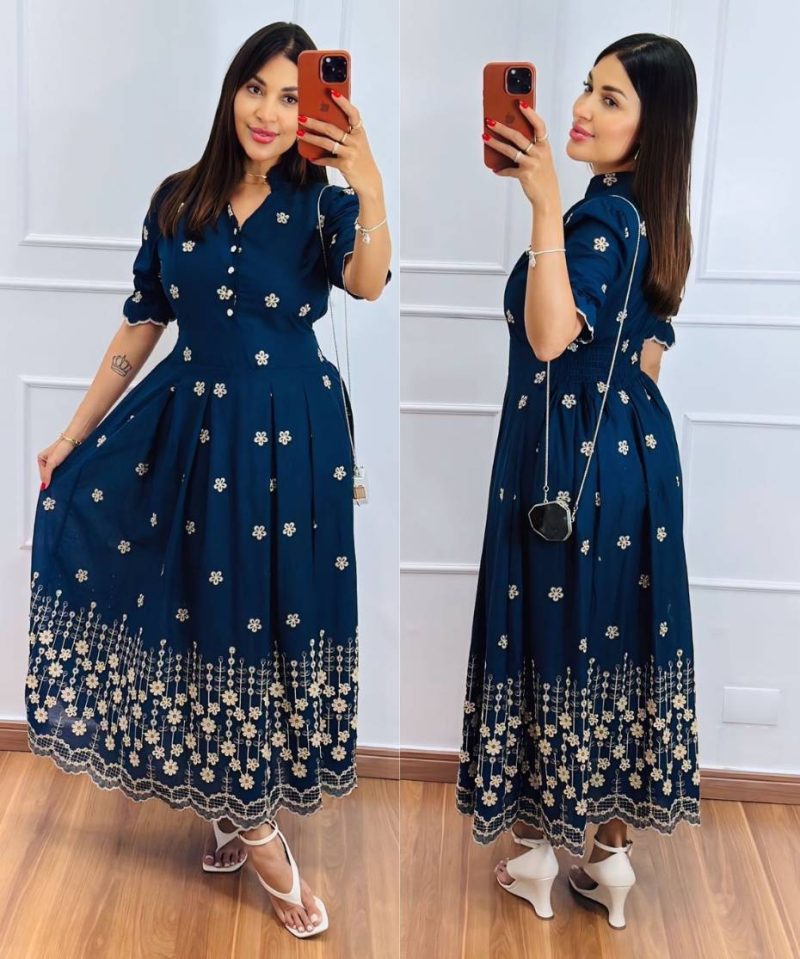Vestido Midi Chemise Bordado Azul Marinho