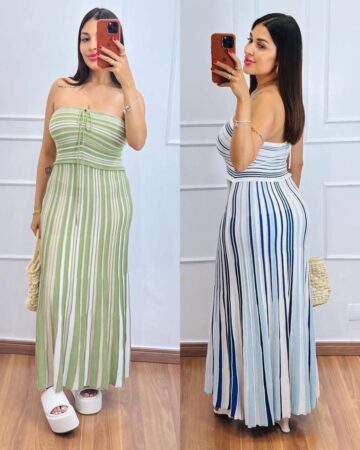 vestido trico modal Vestido Longo Tricô Modal Listrado