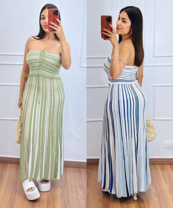 vestido trico modal Vestido Longo Tricô Modal Listrado