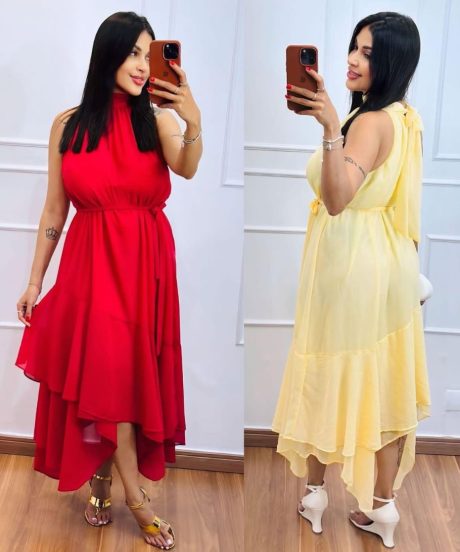 Vestido Midi Fluido Gola Alta