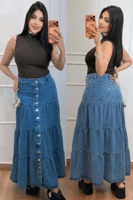 saia midi jeans com botoes frontal