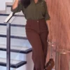 Calça wide leg marrom feminina cintura alta com modelagem elegante 3 Camisa Feminina Verde Militar Tecido Leve