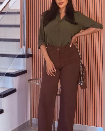 Calça wide leg marrom feminina cintura alta com modelagem elegante Calça Wide Leg Marrom Cintura Alta Feminina