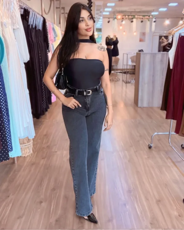 calça-estonada-wide-leg-1 Calça Jeans Wide Leg Feminina Cintura Alta