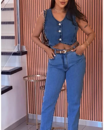 calça-mon-cinto Calça Jeans Mom Cintura Alta com Cinto feminina azul clássica