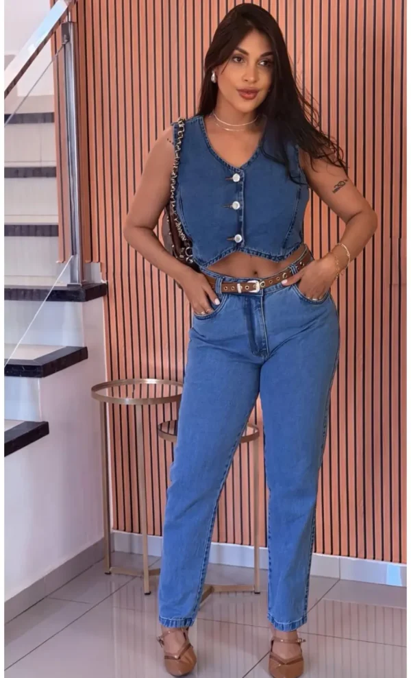 calça-mon-cinto Calça Jeans Mom Cintura Alta com Cinto feminina azul clássica