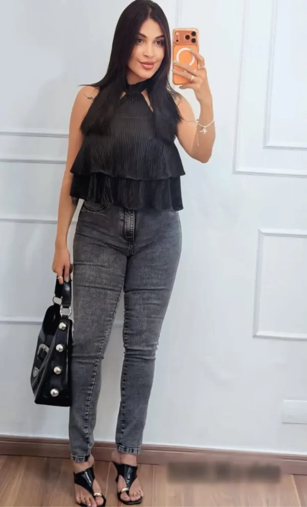 calça skine- Calça Skinny Jeans Feminina Estonada com Cintura Alta 2026
