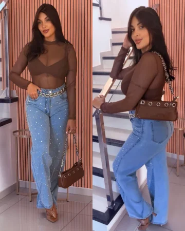 calça-wide-leg-brilho-6 Calça Wide Leg Brilho Jeans clara 100% Algodão com Strass feminina
