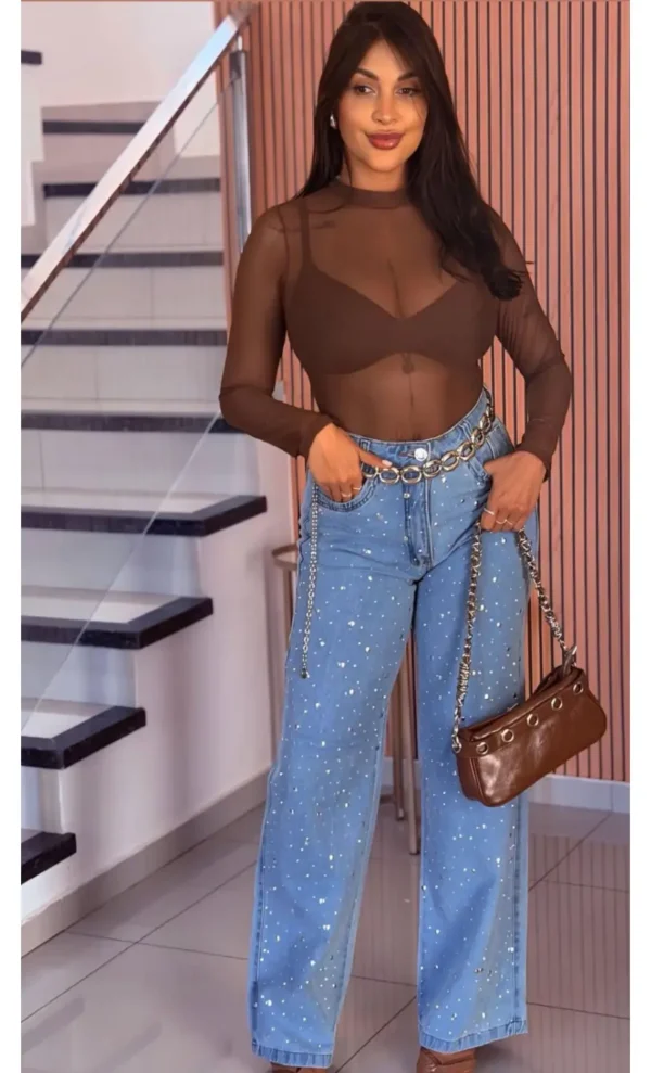 calça-wide-leg-brilho Calça Wide Leg Brilho Jeans Clara 100% Algodão