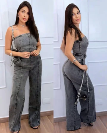 macacão-jeans Macacão jeans wide leg feminino com recortes frontais estruturados