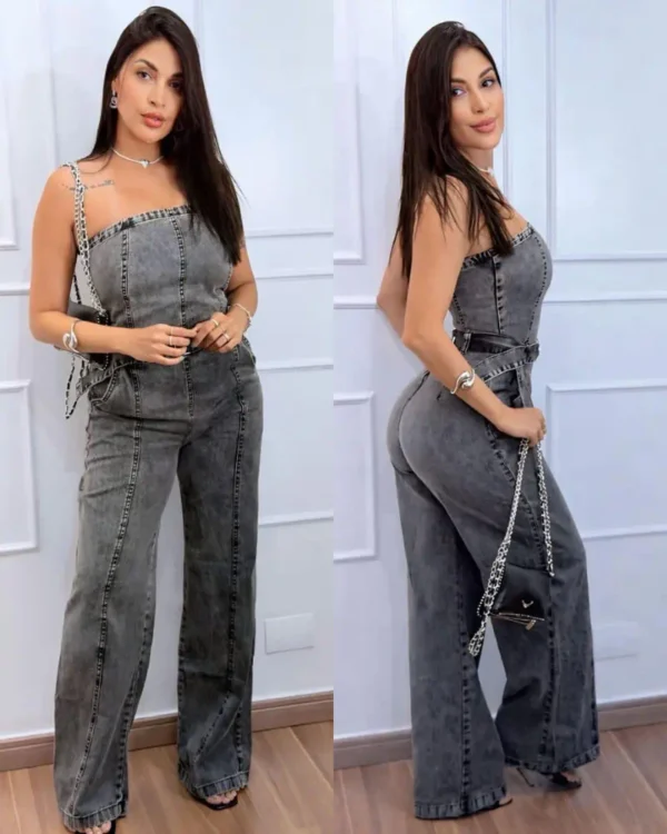 macacão-jeans Macacão jeans wide leg feminino com recortes frontais estruturados