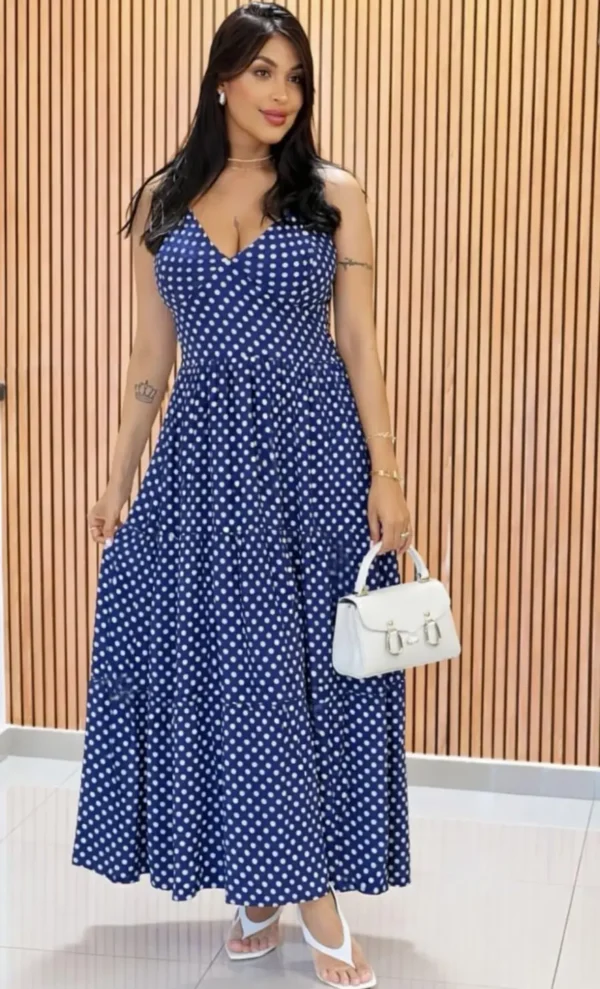Vestido Longo Azul de Poá Feminino com Decote V e Modelagem Fluida