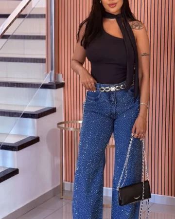 wide-leg-brilho Calça Wide Leg Brilho Jeans 100% Algodão com Strass