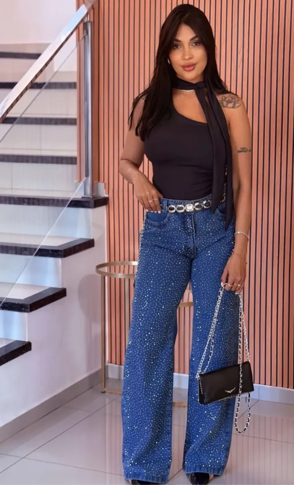 Calça Wide Leg Brilho Jeans 100% Algodão com Strass
