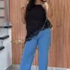 Calça Jeans Wide Leg Feminina Cintura Alta lavagem clara delavê