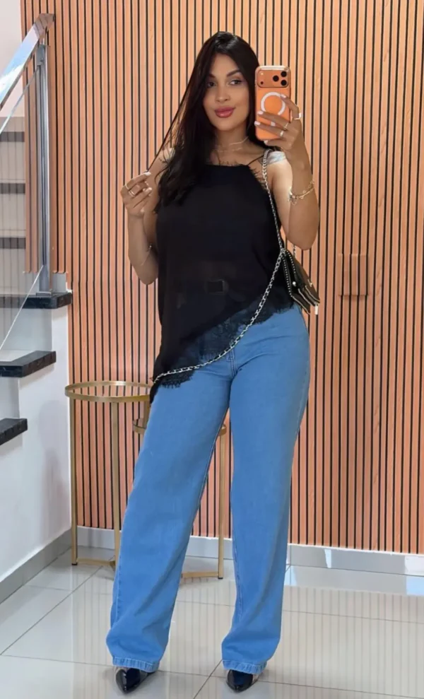 Calça Jeans Wide Leg Feminina Cintura Alta lavagem clara delavê