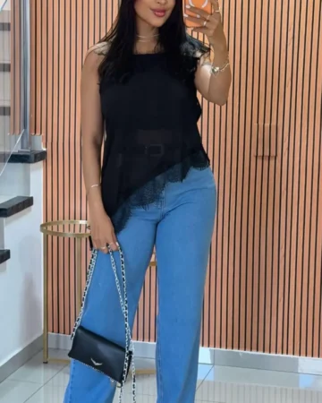 Calça Jeans Wide Leg Feminina com Elastano cintura alta modeladora