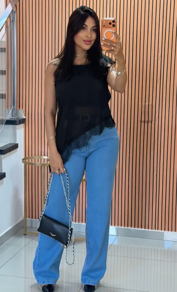 Calça Jeans Wide Leg Feminina com Elastano cintura alta modeladora