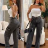 calça cargo jeans feminina cintura alta com bolsos laterais