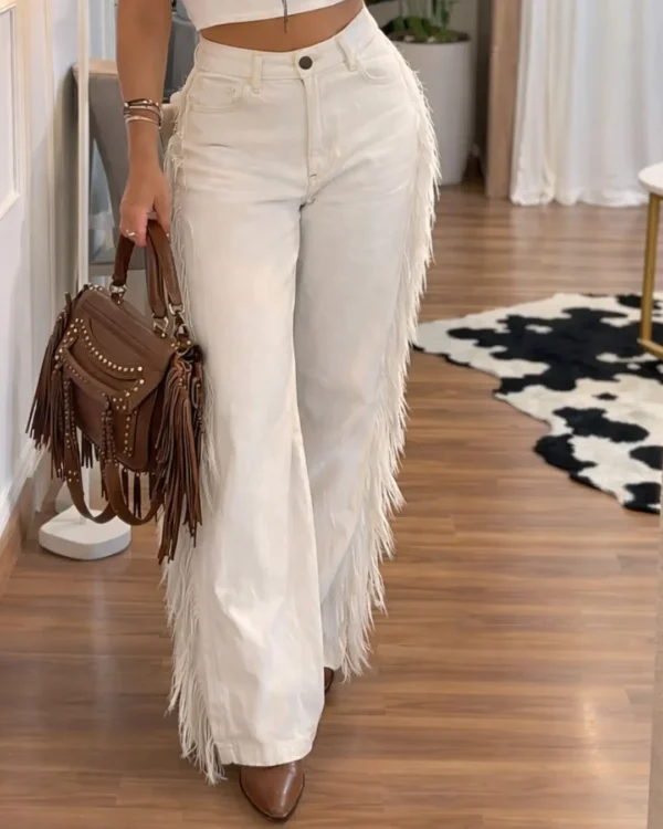 Calça Feminina Western Off White com Franjas – 1 Peça Estilosa e Moderna