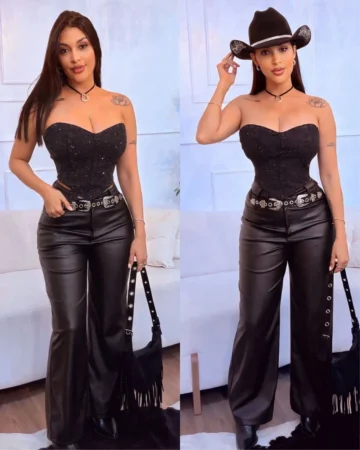 calça pantalona couro eco feminina preta