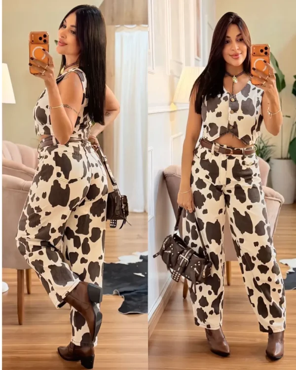 calça cow print feminina estampa vaquinha elegante