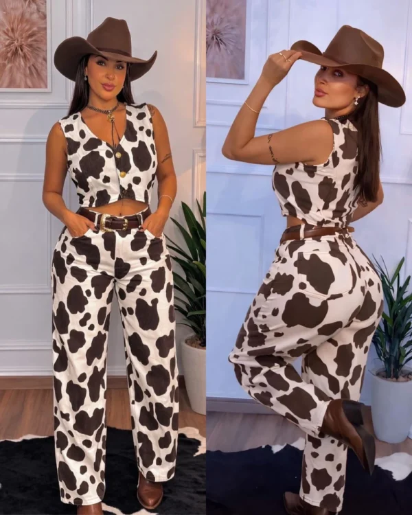 calça cow print feminina estampa vaquinha elegante