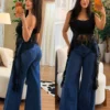 calça flare jeans feminina cintura alta com recortes frontais