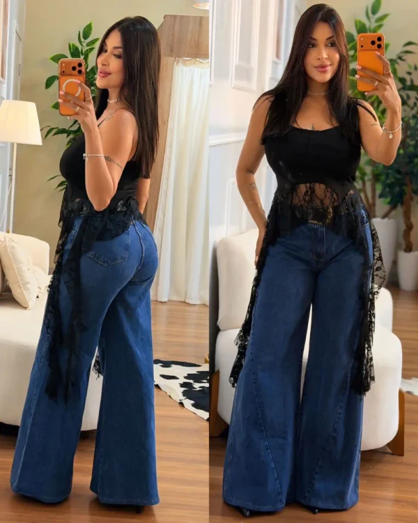calça flare jeans feminina cintura alta com recortes frontais