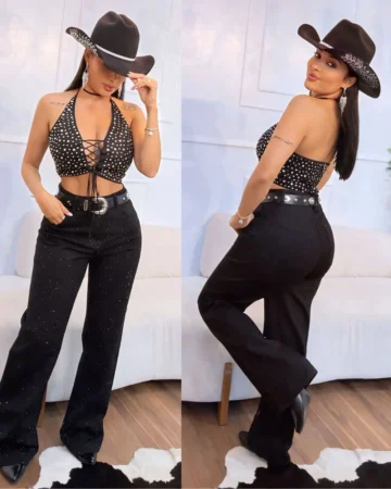 calça wide leg brilho jeans com strass