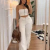 cropped-country calça feminina western off white com franjas estilo western