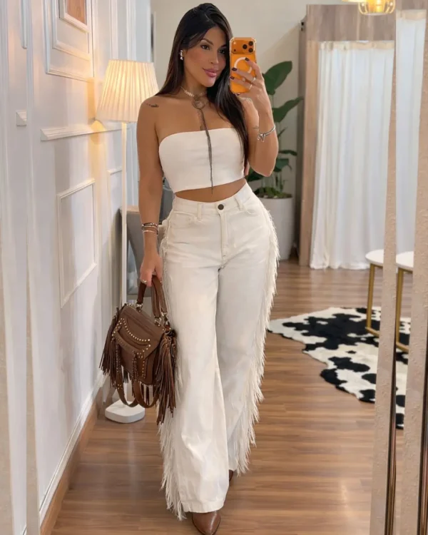 cropped-country calça feminina western off white com franjas estilo western