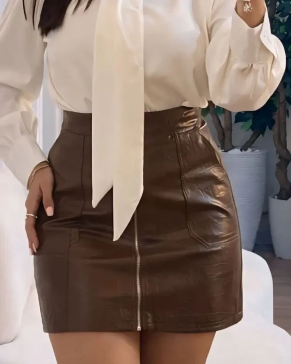 saia couro marrom feminina com ziper frontal