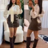 saia couro marrom feminina com ziper frontal